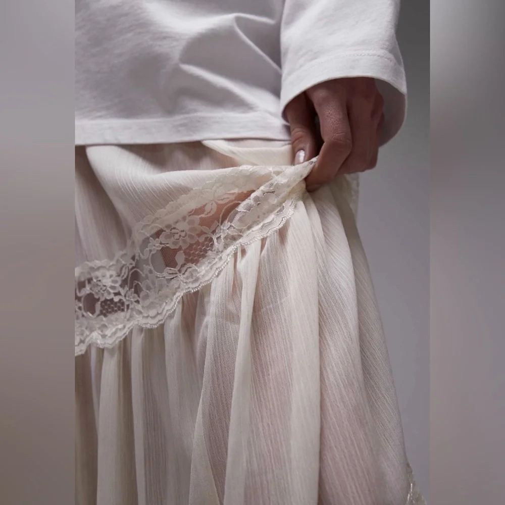 Topshop Sheer Maxi Skirt with Lace Inserts in Ivory - Picture 4 of 5